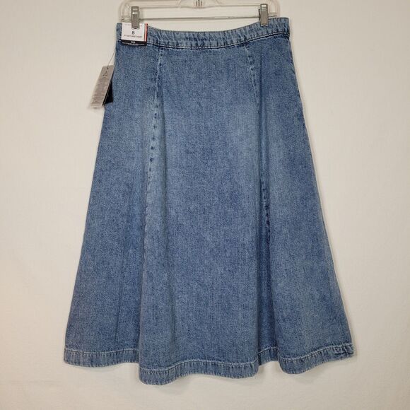 NEW Tommy Hilfiger Blue Jean Skirt Womens 8 Fit & Flare Button Midi Pockets - Picture 2 of 9